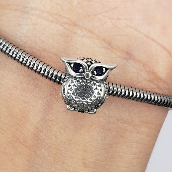 Owl Charm for Bracelet Sterling Silver 925 Owl Blue Zirconia Eyes Jewelry Gift - Picture 2 of 5